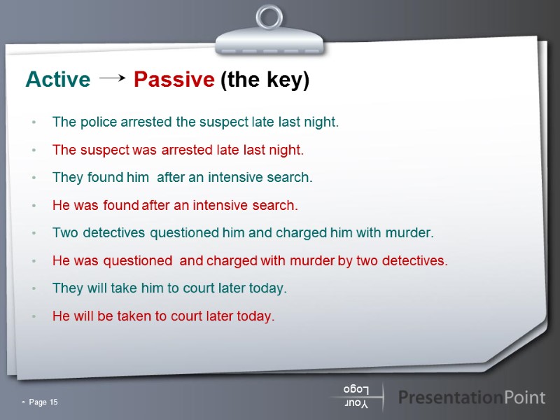 Active       Passive (the key)  The police arrested
